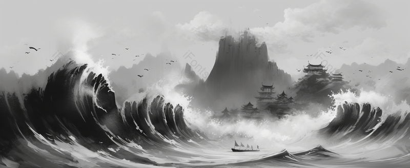 海浪汹涌远山亭子水墨背景,插画/手绘图,插画/手绘图库,插画/手绘图下载,插画/手绘